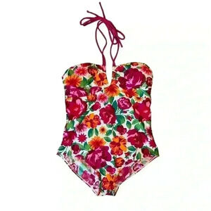 TU Swimwear Size 18 White Floral Multicolored One Piece Halter Top Swimsuit